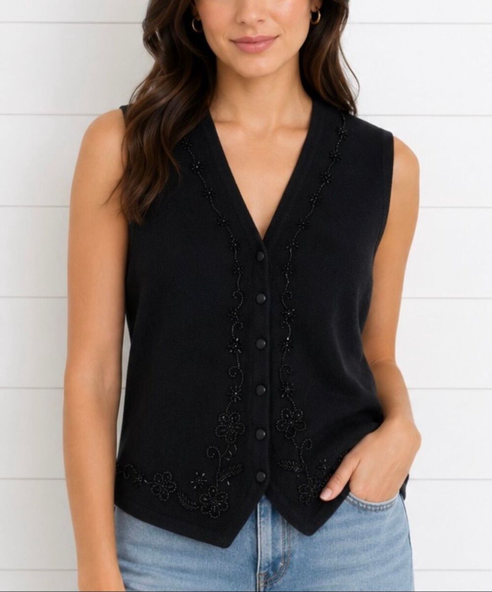 Herman Geist black embellished beaded wool vest size M